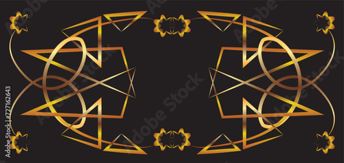 Fantasy horizontal ornament with flowers, triangles, curls. Symmetrical ornament, background. Gold gradient on a black background for printing on fabric, applique and cards.