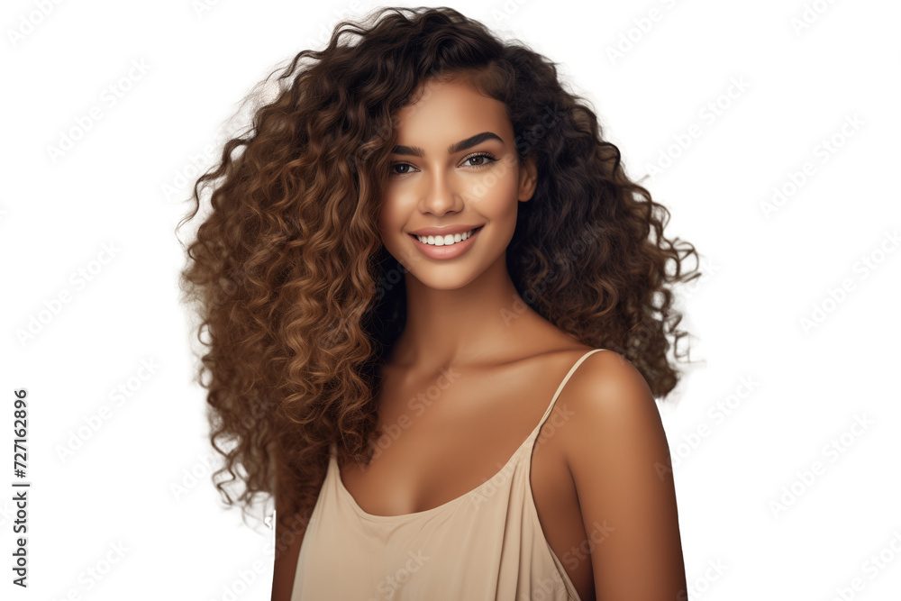 Stunning woman with curly hair smiling warmly against transparent background Stunning woman with curly hair smiling warmly against transparent background