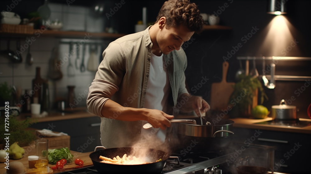 young man cooking food for himself in the kitchen, do it yourself concept, DIY activity young man cooking food for himself in the kitchen, do it yourself concept, DIY activity
