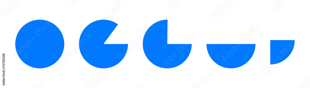 Circles divided forms from complete circle into pieces. Suitable for educational, lesson, round chart for infographic, pie portion or pizza slice. Circles divided forms from complete circle into pieces. Suitable for educational, lesson, round chart for infographic, pie portion or pizza slice.