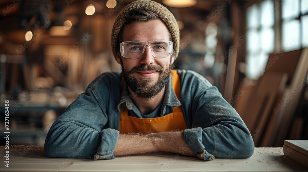 Positive man working in joinery workshop. Generative AI. Positive man working in joinery workshop. Generative AI.