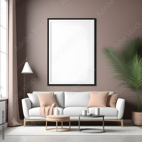 Interior in pastel colors in a modern style with a mockup frame. Room with frame mockup. Living room wall poster mockup. 