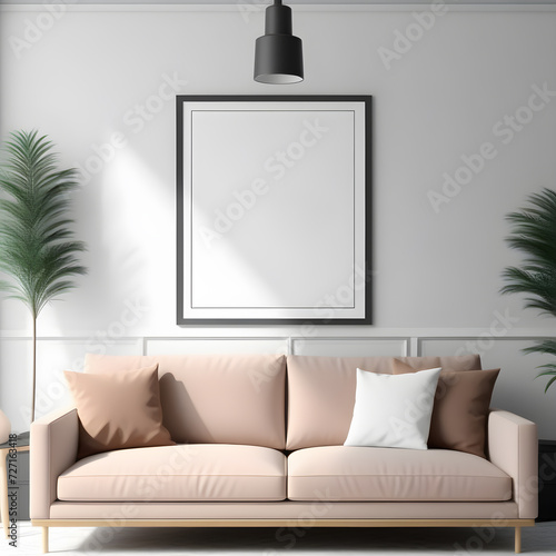 Interior in pastel colors in a modern style with a mockup frame. Room with frame mockup. Living room wall poster mockup. 