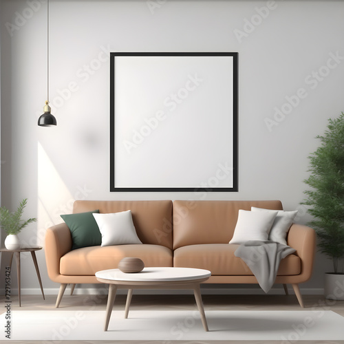 Interior in pastel colors in a modern style with a mockup frame. Room with frame mockup. Living room wall poster mockup. 