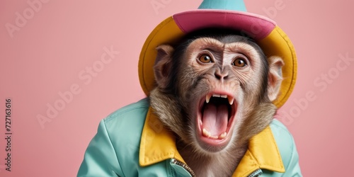 Funny and emotional portrait of a shocked monkey  wearing brightly coloured clothes and cap on an isolated pink background. copy space