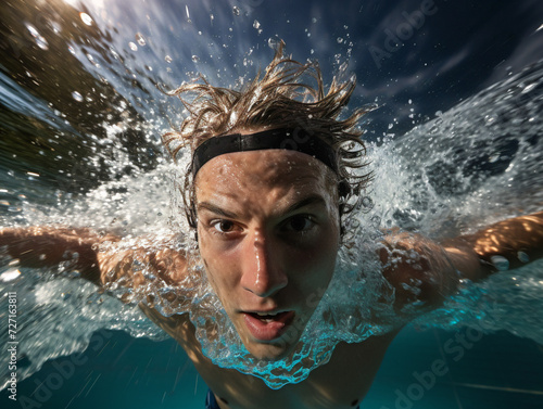 A skilled swimmer in a pool creates a captivating splash while performing the freestyle stroke.