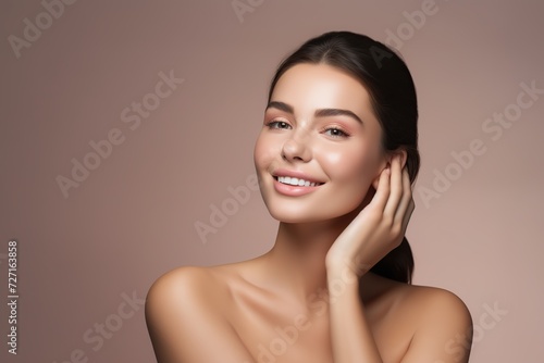 Gorgeous young woman with clean fresh skin , skin product marketing, mockup , generative Ai 
