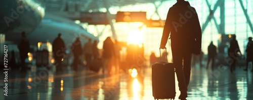 Man walking with suitcase at airport terminal in background.