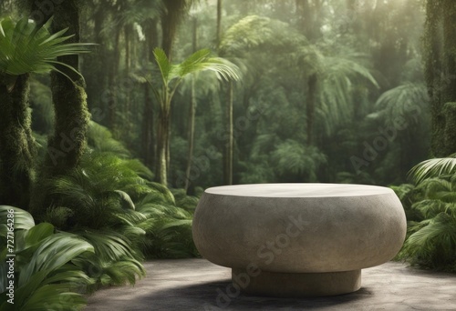 Stone platform pedestal in tropical forest for product presentation, Generative AI