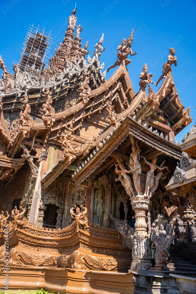 Sanctuary of Truth wooden temple in Pattaya Thailand is a gigantic wood construction located at the cape of Naklua Pattaya City. Sanctuary of Truth temple. 