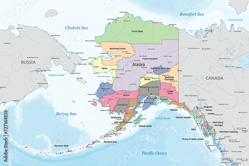 Political map showing the counties that make up the state of Alaska in the United States