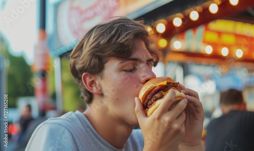 Man eating favorite cheeseburger near fast food outside.