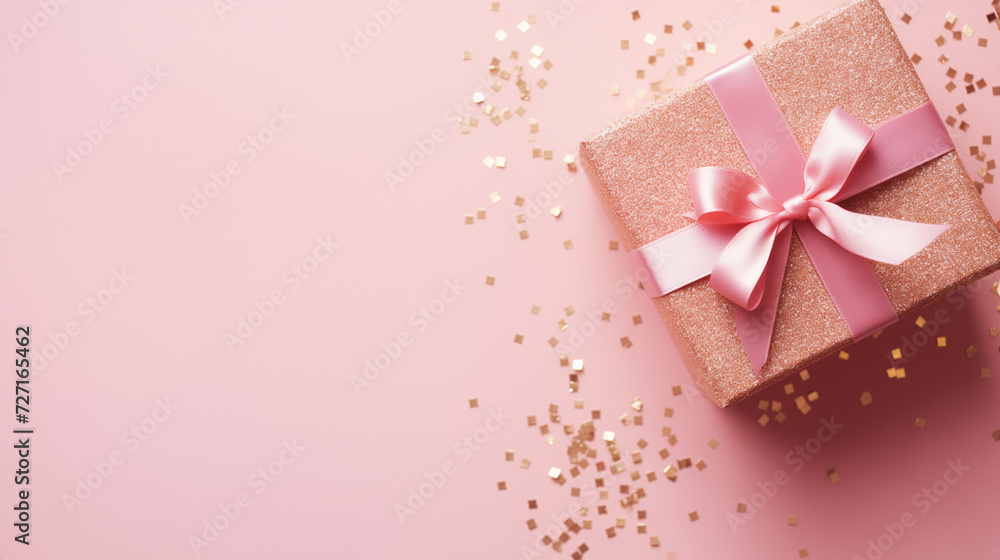 overhead photo, pink gift box, pink background with glitter overhead photo, pink gift box, pink background with glitter