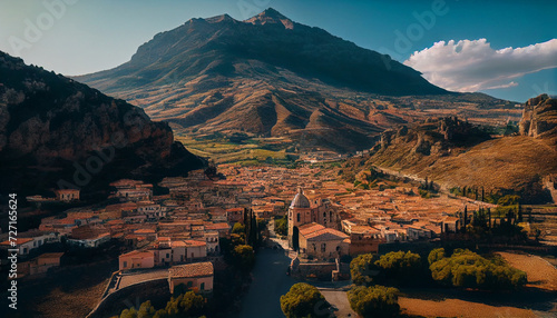 Aerial view of a beautiful Italian mountain town Centuripe, Sicily, Italy, Europe minimalist background, Ai generated image photo
