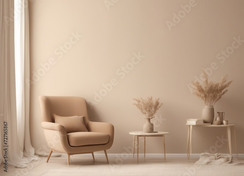 Cream color wall mock up in warm tones with armchair and decoration minimal, Generative AI