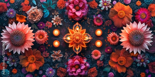 A digital collage of Diwali elements like diyas, flowers, and sweets forming a decorative pattern.