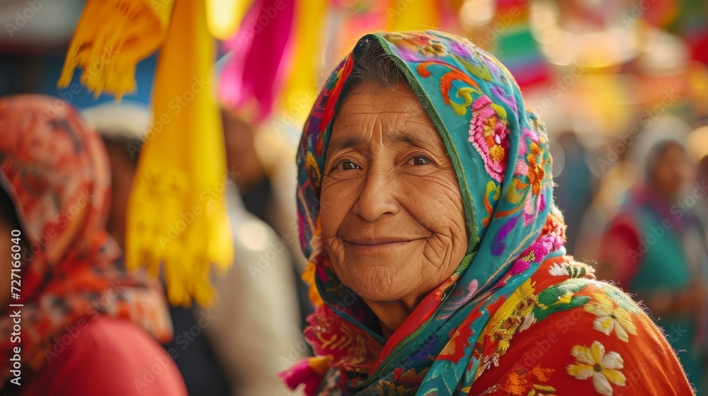 Woman in Colorful Headdress Smiles for Camera, Spring