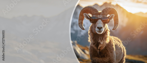 Mountain ram in sunglasses. Concept style of a goat wearing sunglasses
