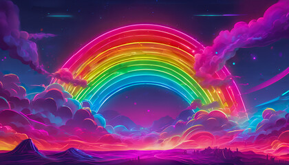 Papier peint photo Prune ai generated cyber punk landscape with neon rainbow in the sky. inconsequential artificial intelligence picture made in 2024.  © Simon