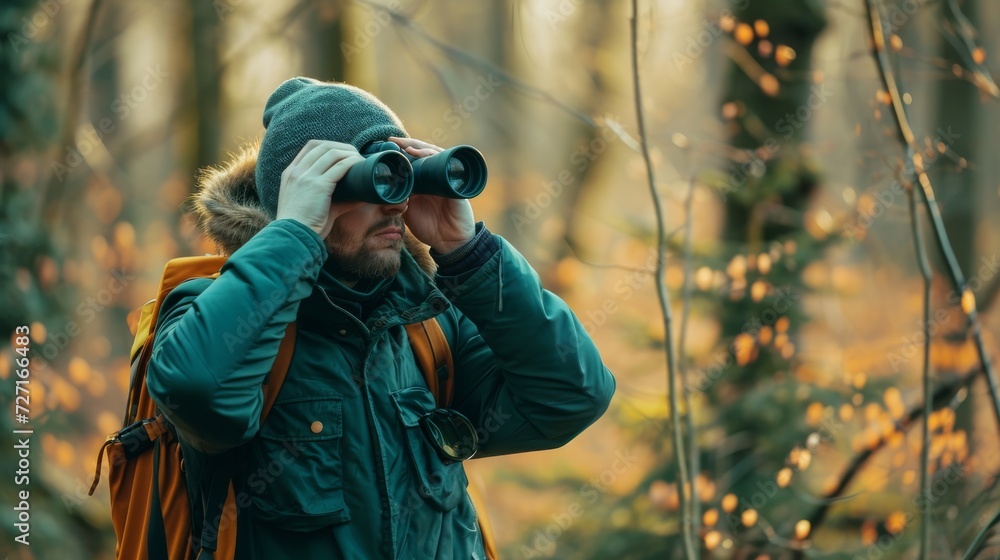 Man Observing With Binoculars While Wearing Backpack Outdoors, Spring Man Observing With Binoculars While Wearing Backpack Outdoors, Spring