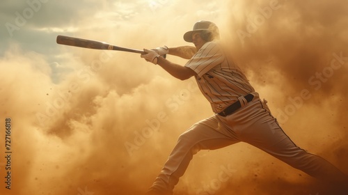 Baseball Player Swinging Bat on Top of Field, Spring © Rehan