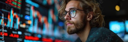 A financial analyst studying a large interactive display of real-time cryptocurrency exchange rates