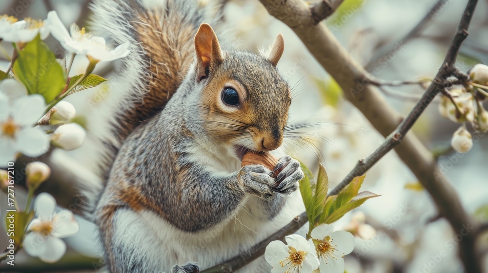 Squirrel Eating Nut in Tree, A Common Wildlife Moment in Nature, Spring Squirrel Eating Nut in Tree, A Common Wildlife Moment in Nature, Spring