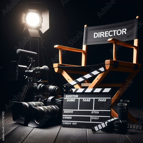 director chair and Clapperboard or movie slate use in video production ,film, cinema industry on black background photo