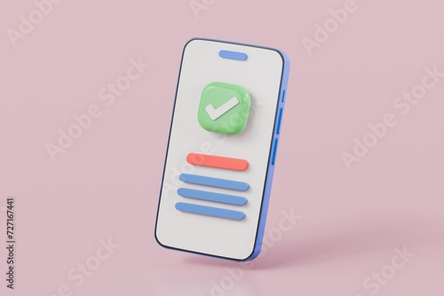 3D Minimal blue mobile phone or smart phone with checkmark icon. Cartoon smartphone isolated on pink pastel background. Phone device Mockup. 3d minimal cartoon design creative icon. 3D Rendering. photo