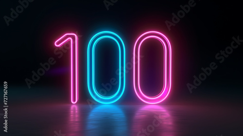 Abstract neon number One, 100, illuminated in a linear fashion against a mesmerizing black backdrop