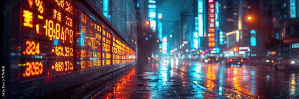 A futuristic cityscape at night, illuminated by digital billboards showing live stock market feeds from around the world A futuristic cityscape at night, illuminated by digital billboards showing live stock market feeds from around the world
