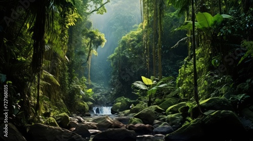 Lush rainforest with diverse flora and fauna, emphasizing biodiversity and ecosystem preservation. Generative AI