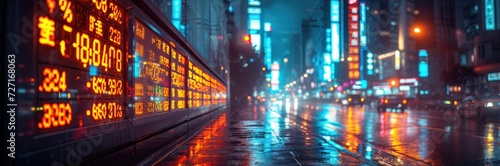 A futuristic cityscape at night, illuminated by digital billboards showing live stock market feeds from around the world