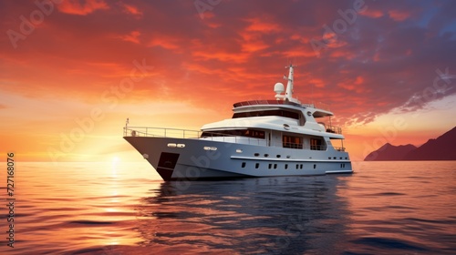 Realistic photo of a deluxe yacht anchored during sunset, well-off vacationers savoring the view, extravagant settings, and the warm glow of the setting sun Generative AI photo