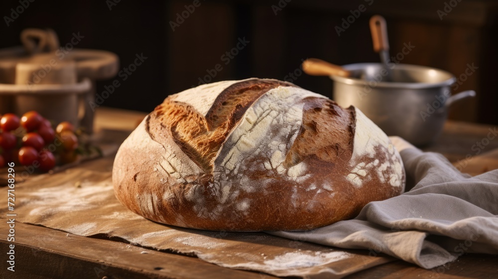 Rustic farmhouse bread, showcasing scoring patterns and flour-dusted surfaces for an authentic look Generative AI