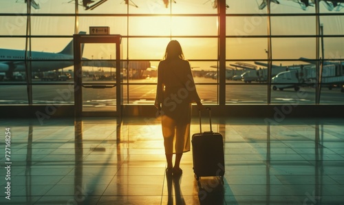 Woman wearing elegant clothes and walking in the airport hall against sunset light. Businesswoman walk with luggage. © Filip