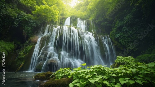 Majestic Waterfall in the Heart of a Vibrant Green Forest  Spring