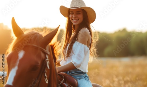 Cowboy woman on riding on horse. Beautiful cowgirl posing on prairie in sunset light. photo