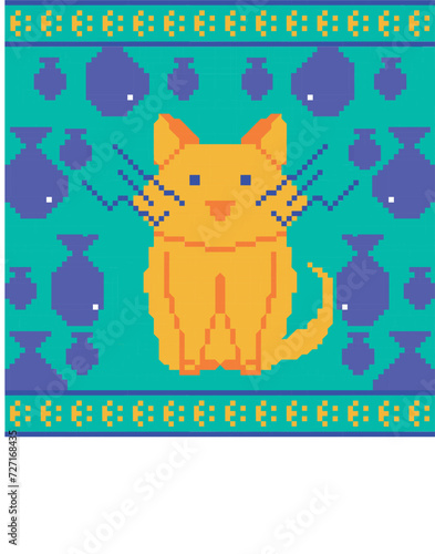 cute yellow cat on a blue background with fish, pixel, embroidery