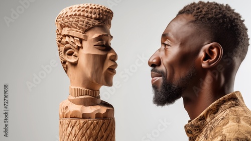 Afrikanischer Mann in Profilansicht der eine afrikanische Holzschnitz-Kunst anschaut photo