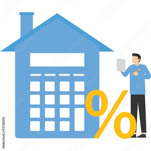 Home mortgage calculation, housing budget, businessman or broker holding pen and book with house calculator. insurance or costs and expenses, real estate investment or home refinancing money concept.