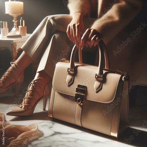 Woman's beige handbag on marble table. Focus on lights and shadows. Fashion blogging concept. Copyspace photo