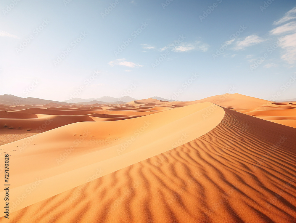 Endless sand dunes create a mesmerizing landscape, stretching far into the horizon under a clear sky.