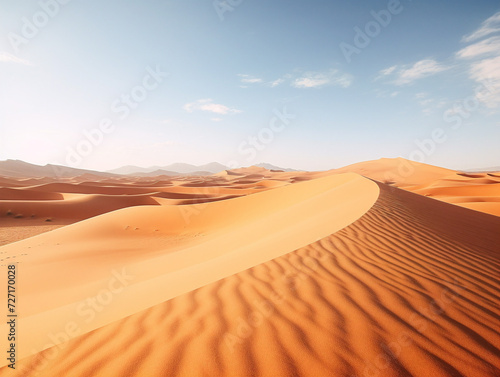 Endless sand dunes create a mesmerizing landscape  stretching far into the horizon under a clear sky.