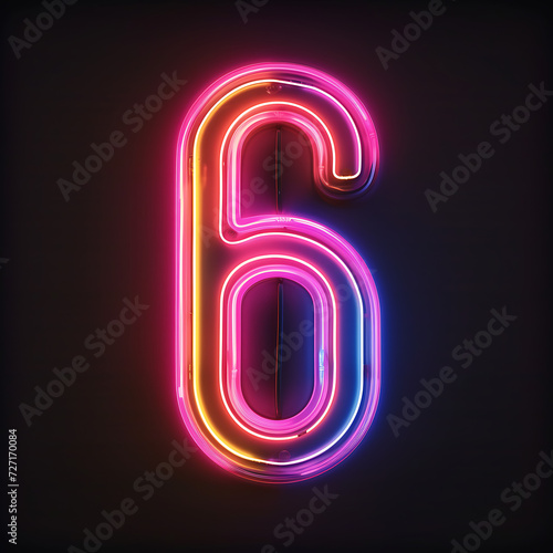 Abstract neon number Six,6 , illuminated in a linear fashion against a mesmerizing black backdrop