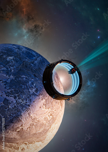 Interstellar travel and dimensional portals  spaceships exploring new planets and space-time transformation. Conquest of new worlds  exoplanets. 3d rendering