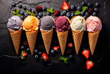 Various of ice cream flavor in cones blueberry ,strawberry ,pistachio ,almond ,orange and cherry setup on dark stone background. Generated Ai
