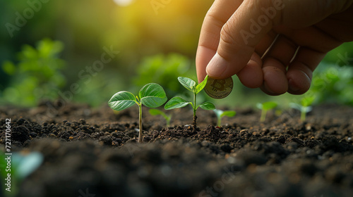 A tender hand gently nestles coins into the soil, a poignant portrayal of investing in growth, sowing seeds for future opportunities to flourish. photo