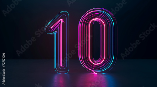 Abstract neon number Ten,10 , illuminated in a linear fashion against a mesmerizing black backdrop