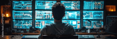 A hacker in a dark room, surrounded by screens displaying cryptocurrency codes and data